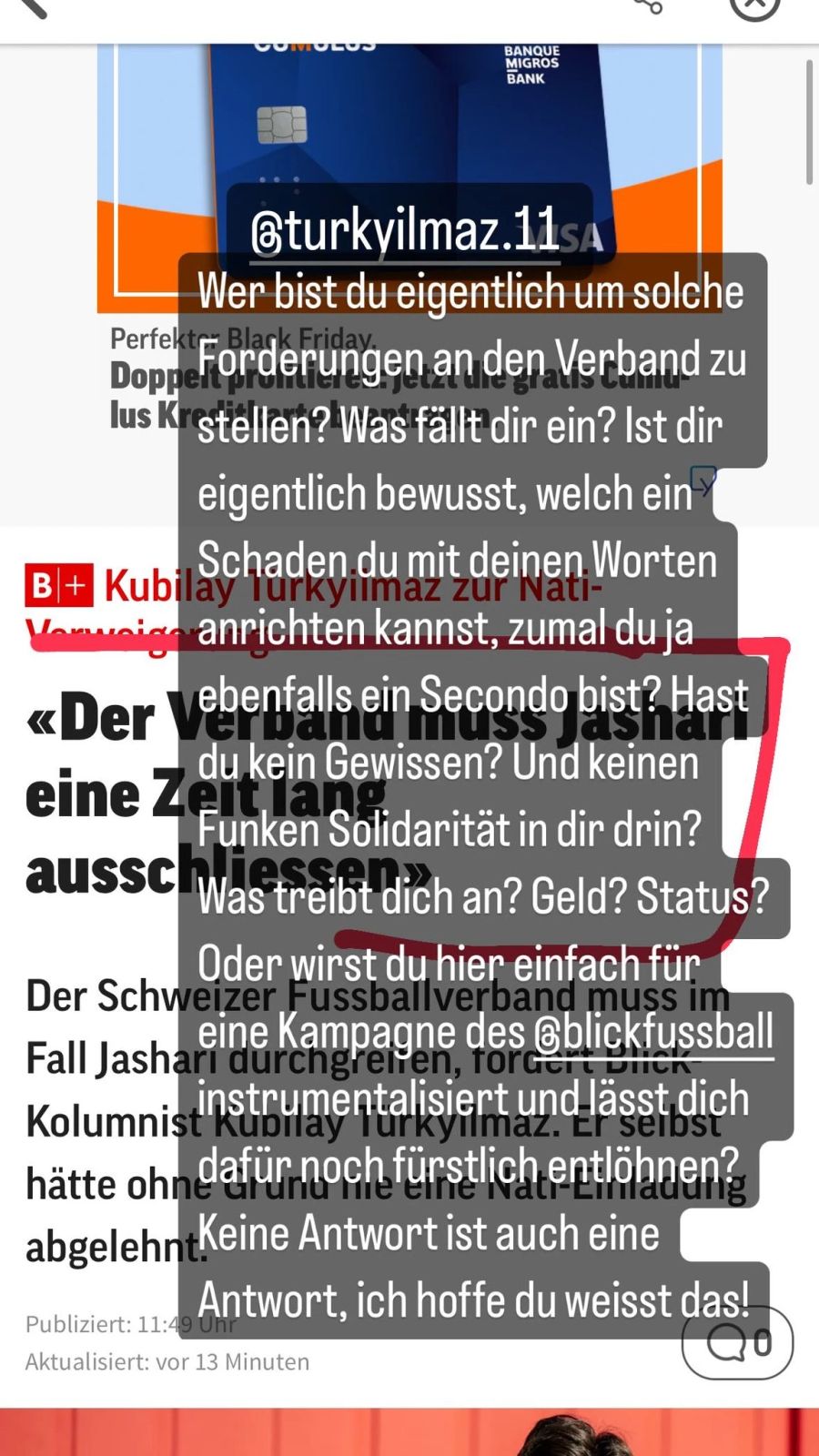 Kay Voser schiesst auf Instagram scharf gegen Kubilay Türkyilmaz.