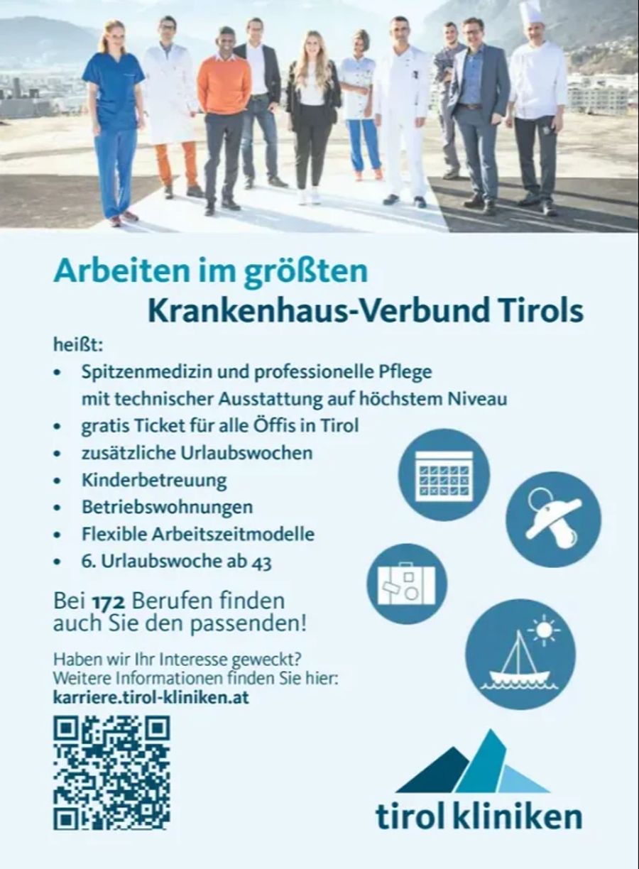 Die Tiroler Kliniken werben mit attraktiven Arbeitsbedingungen wie flexiblen Arbeitsmodelle, Tickets für den öffentlichen Verkehr in ganz Tirol oder Kinderbetreuung.