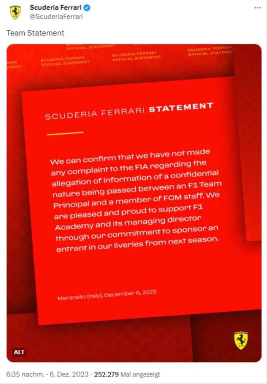 Das gleiche Statement erscheint wortgenau gleich auch bei Ferrari ...