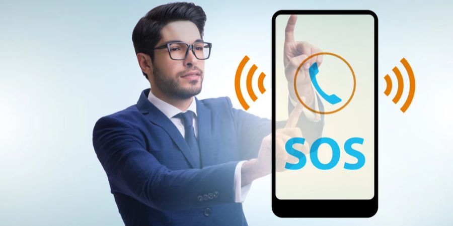 Mann Smartphone SOS-Schriftzug und -Symbol