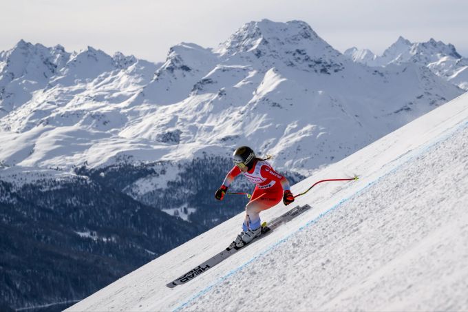 Delia Durrer in der Abfahrt in St. Moritz. Delia Durrer Abfahrt