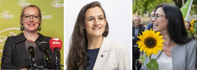 Fraktionspräsidentin Aline Trede (links), Nationalrätin Marionna Schlatter (Mitte) und Ständerätin Céline Vara (rechts). Trede Schlatter Vara Grüne