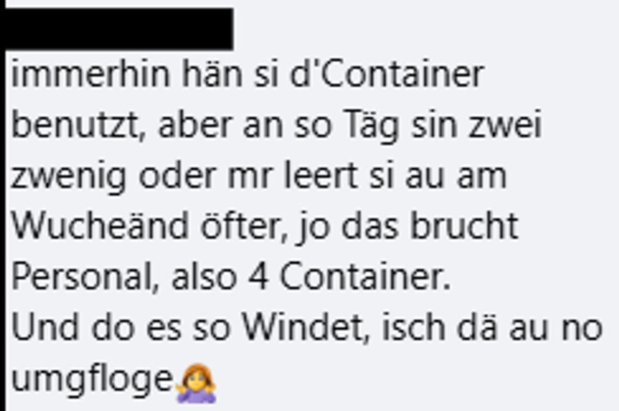 Eine andere Frau lamentiert, dass zu wenig Abfall-Container zur Verfügung stehen würden: «An solchen Tagen sind zwei zu wenig oder man leert sie auch am Wochenende öfter.»