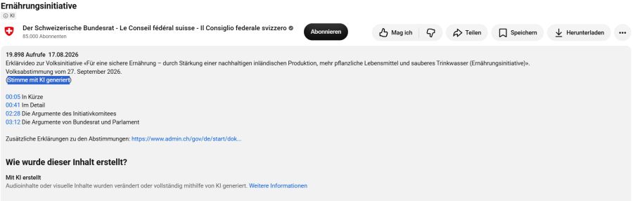 «Stimme mit KI generiert», heisst es unter den Erklärvideos des Bundes.