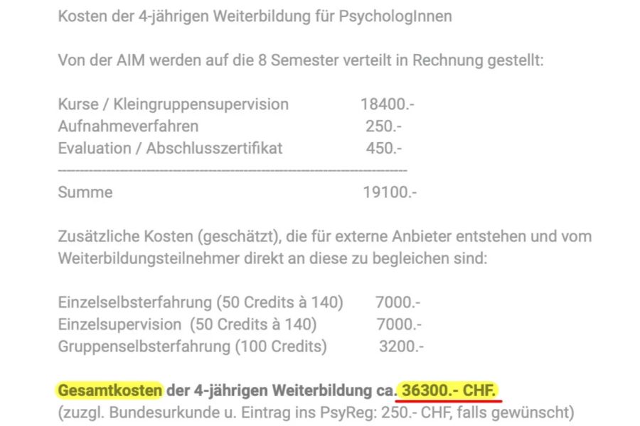 Gar die günstigste Weiterbildung schätzt ihre Gesamtkosten auf über 35'000 Franken pro Person.