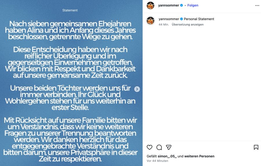 Auf Instagram postet Yann Sommer ein Statement zur Trennung.