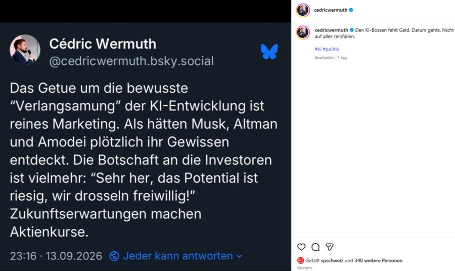 «Den KI-Bossen fehlt Geld. Darum gehts. Nicht auf alles reinfallen», schreibt Cédric Wermuth.
