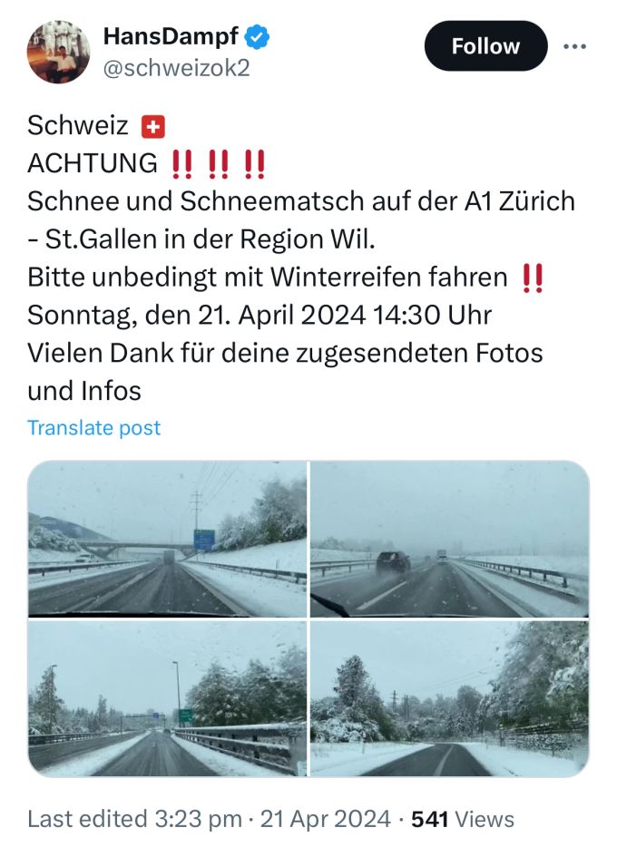 Auf der A1 Zürich Richtung St. Gallen herrschen winterliche Bedingungen. Für Sommerreifen sehr ungeeignet. Schnee auf A1 Zürich