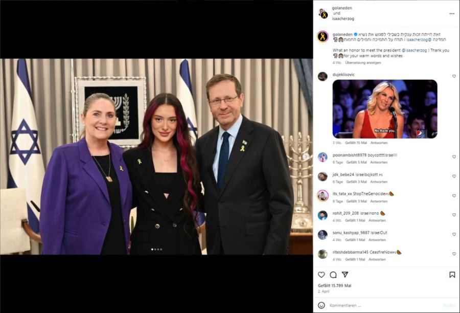 Auf Instagram zeigt Eden sich mit dem israelischen Staatspräsidenten Isaak Herzog und seiner Frau Michal.