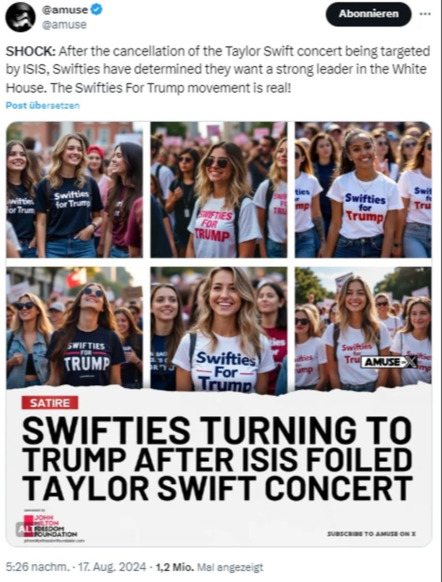 Auf dem Beitrag dieses X-Users sind Frauen in Shirts mit der Aufschrift «Swifties for Trump» zu sehen.