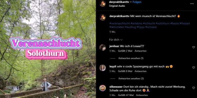 Der Influencer Fabian Egger filmte seinen Besuch in der Verenaschlucht. Fabian Egger Influencer