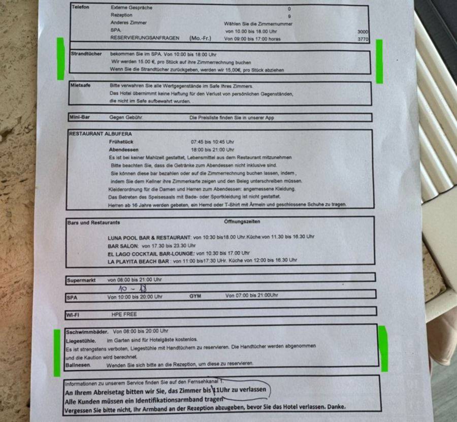 Auch auf dem Infoblatt für die Gäste stehen die Regeln noch einmal unmissverständlich – und sogar auf Deutsch – geschrieben.