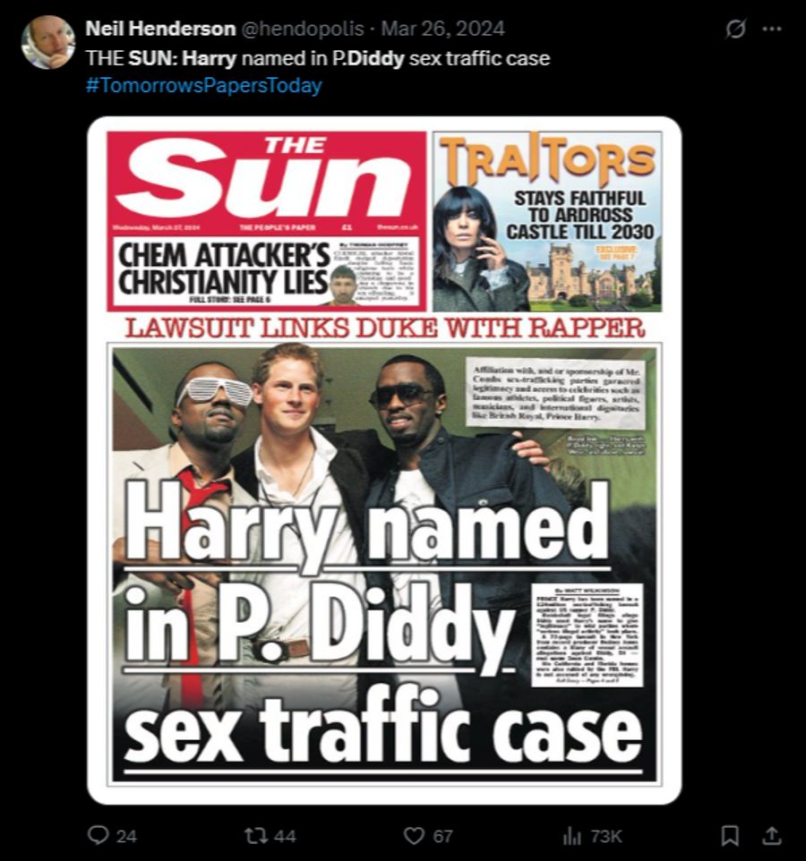 Vor rund einem Jahr titelte die «Sun» gross, dass Prinz Harry im Diddy-Fall genannt wurde.