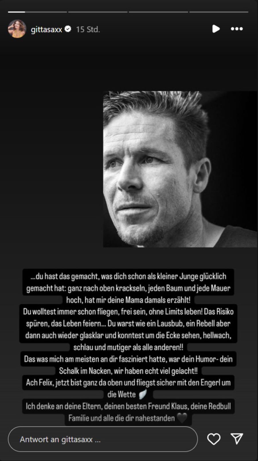 Das Model widmet Baumgartner emotionale Zeilen aus der gemeinsamen Lebensphase.