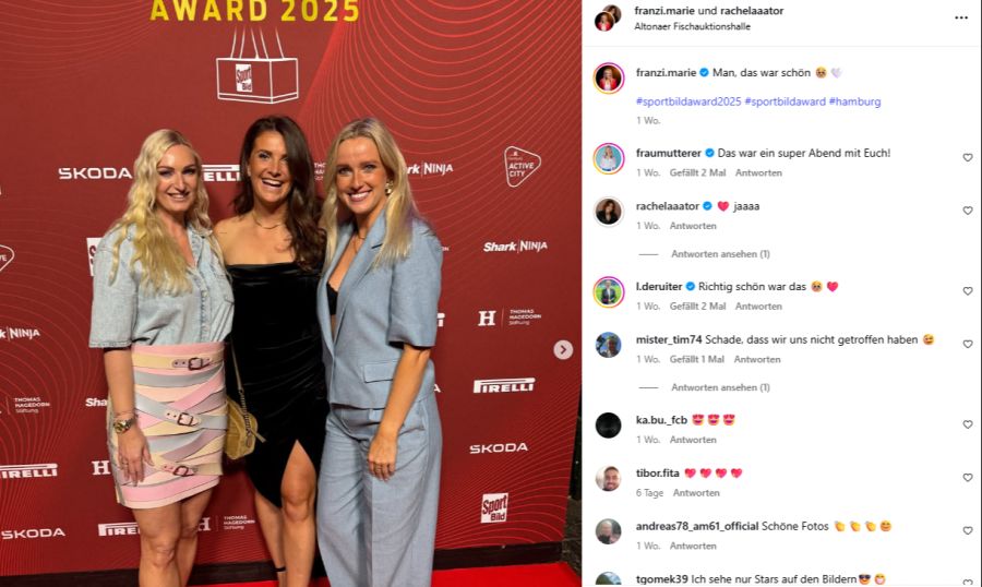 In Deutschland nimmt Rachel Rinast (mitte) an der Awardshow von «Sport Bild» teil.