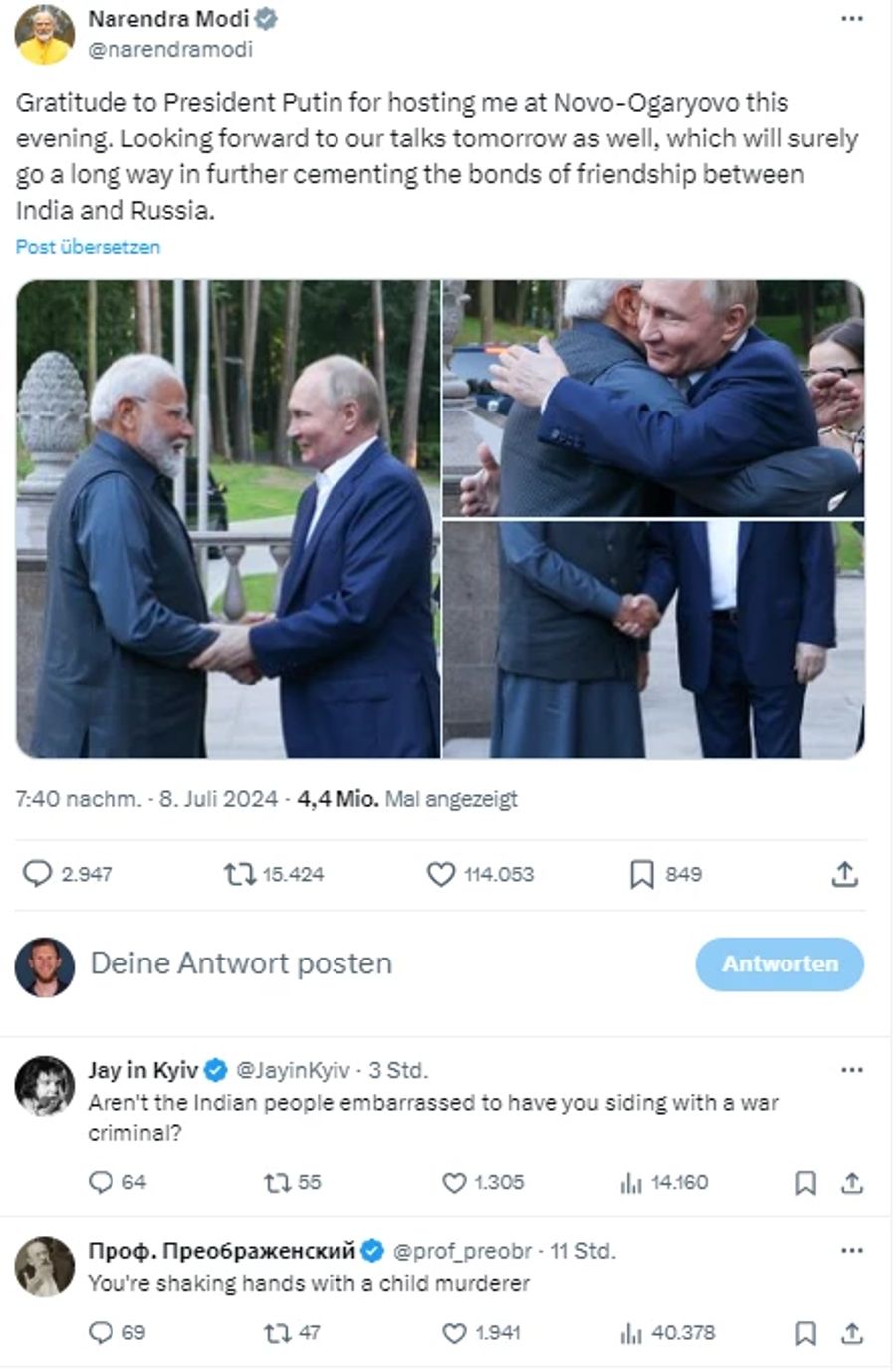 Narendra Modi teilt Bilder von seinem Besuch bei Wladimir Putin.