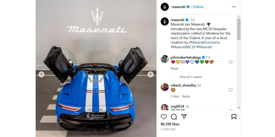 Maserati MC20 Cielo, Instagram