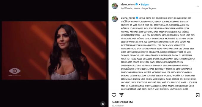 Elena Miras teilte auf Instagram ein Statement zu ihrer Teilnahme bei «Promi Big Brother». promi big brother