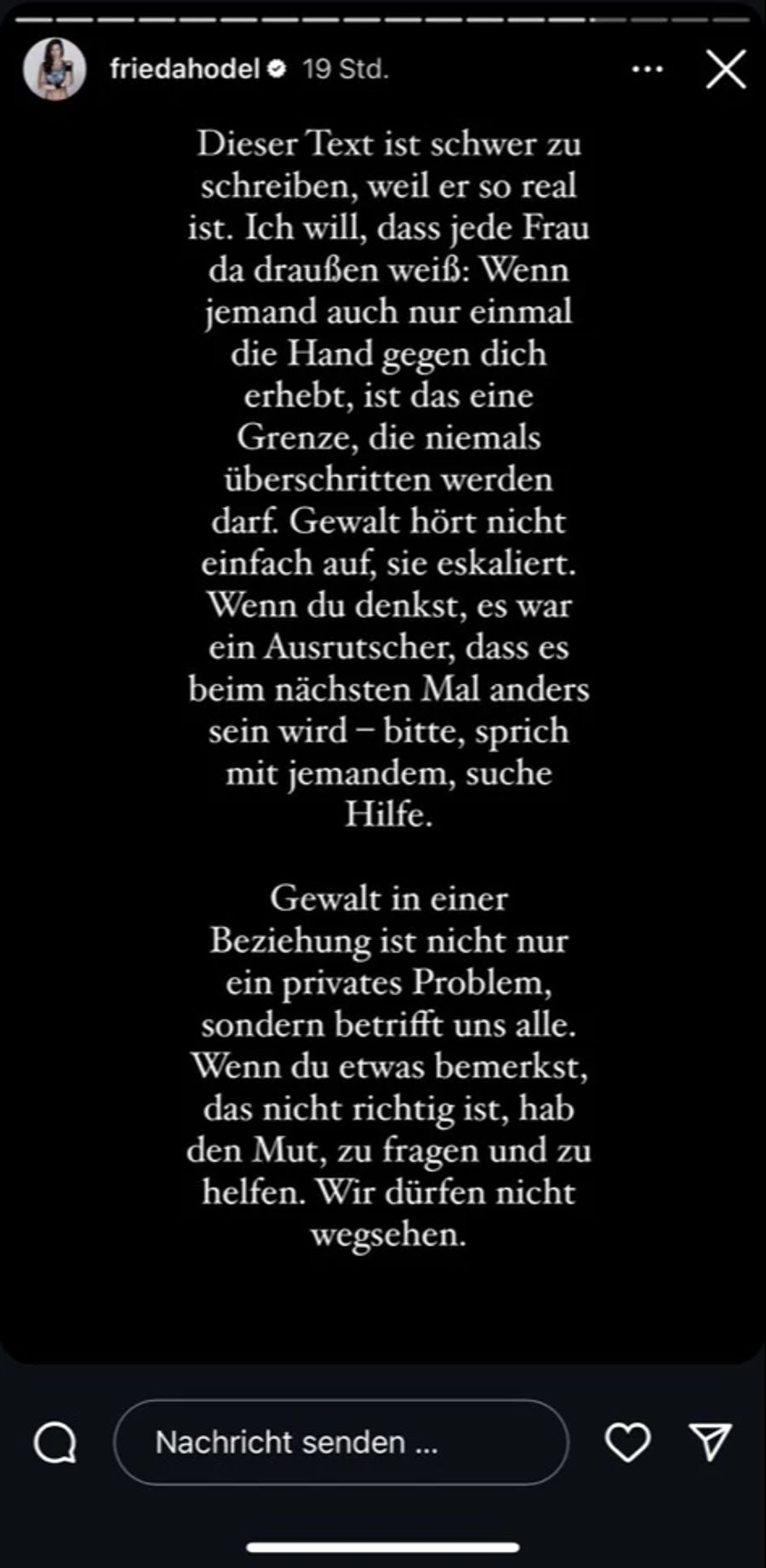 Frieda Hodel appelliert an Frauen, die von häuslicher Gewalt betroffen sind.