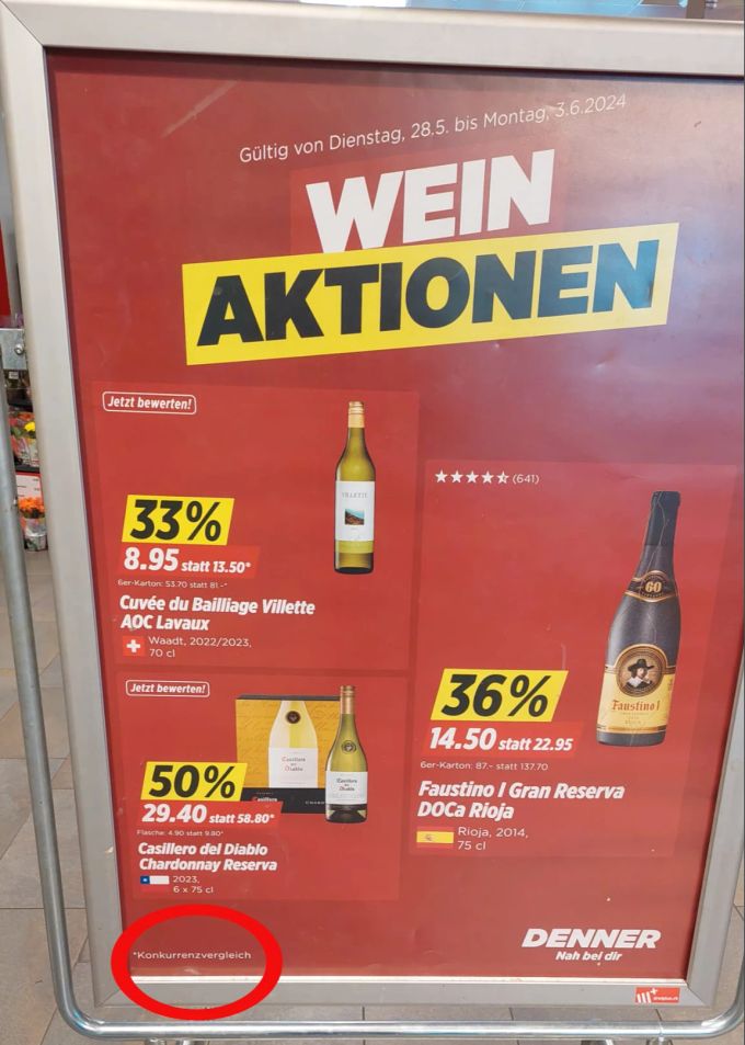 Denner weist den «Konkurrenzvergleich» mit einem Sternchen aus. Nau.ch den Hinweis umkreist. Denner
