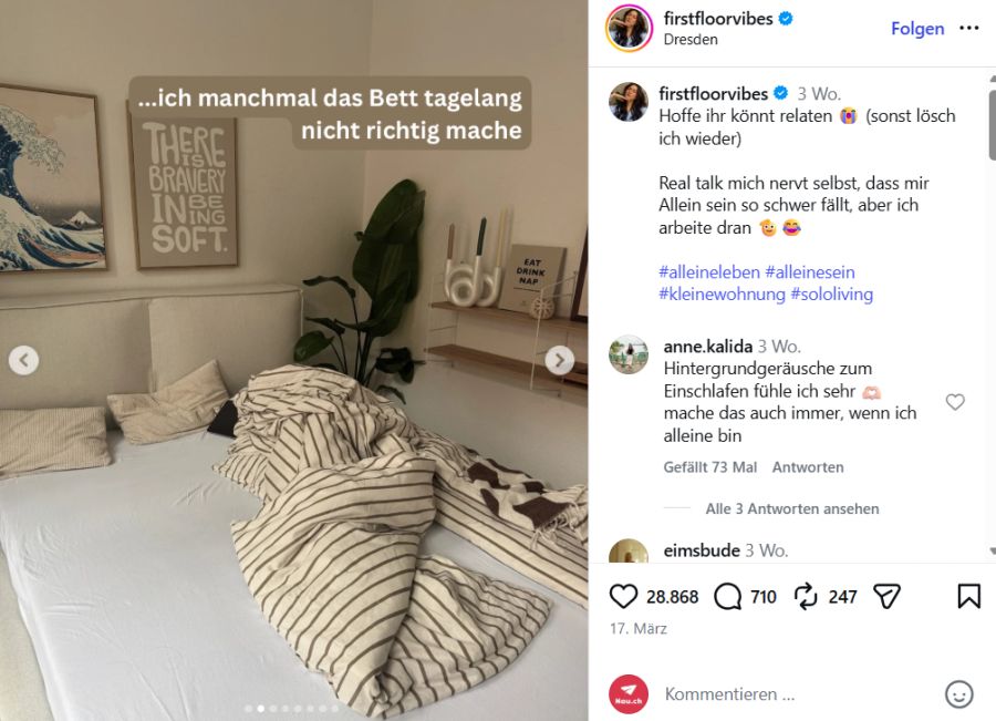 Auch Influencerin Kim gesteht ihren kanpp 40'000 Followern, dass sie manchmal ihr Bett tagelang nicht richtig macht.