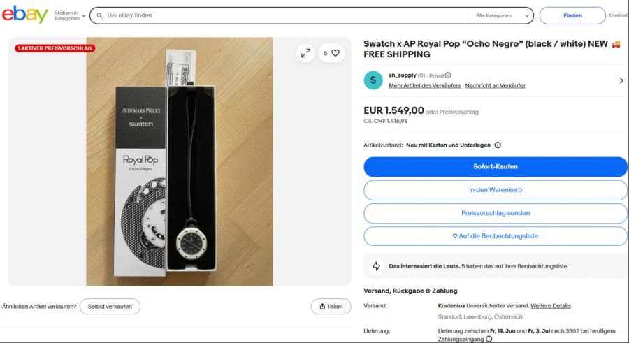 Die schwarze Variante «Ocho Negro» wird auf Ebay für 1549 Euro (rund 1417 Franken) angeboten – Preisvorschläge erwünscht.