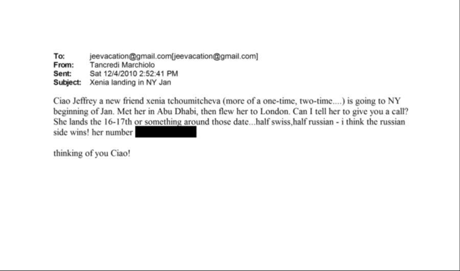 Ein Bekannter kündigt Epstein den Besuch von Xenia Tchoumitcheva in New York an – samt Telefonnummer und Herkunft.