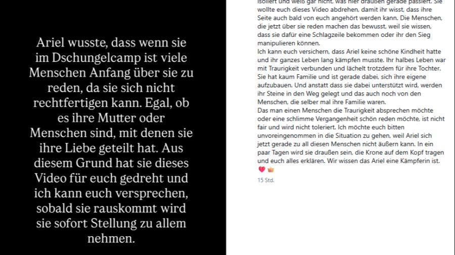Auch Ariel meldete sich zu Wort: In ihrer Story postete sie ein Video zu dem Vorfall, das sie schon vor dem Dschungel gedreht hatte.