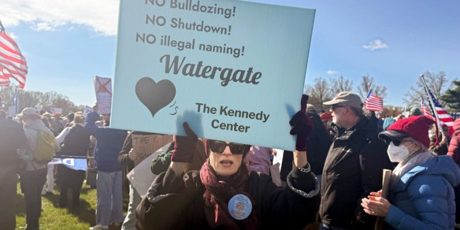 Eine Demonstrantin hält ein Protestschild bei der «No Kings»-Demonstration in Washington. Foto: Anna Ringle/dpa