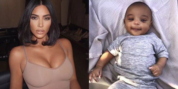 Kim Kardashian und ihr zwei Monate alter Sohn Psalm. Kim Kardashian