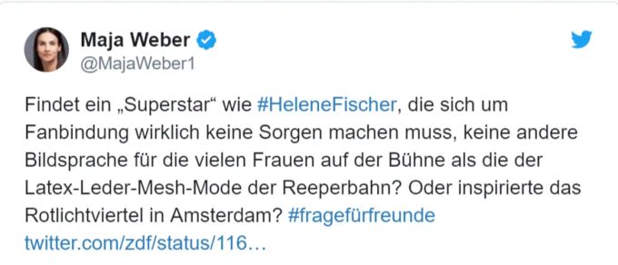 ZDF-Frau Maja Weber lästerte über das Latex-Outfit von Helene Fischer. helene fischer