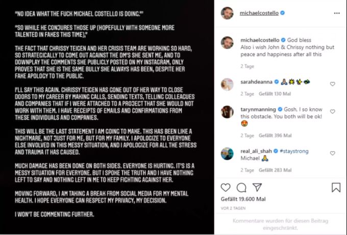 Der Designer Michael Costello antwortet auf das Statement von Chrissy Teigen. Chrissy Teigen Michael Costello