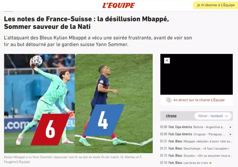 «Sommer ist der Retter der Nation», schreibt die Sportzeitung «L'Équipe» und bezeichnet Abend von Kylian Mbappé als «frustrierend».