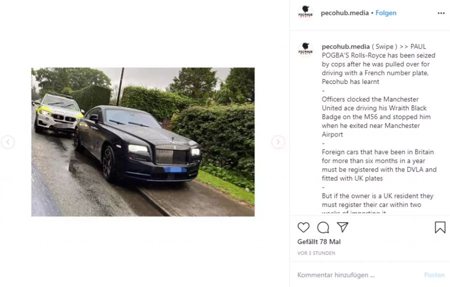 Der Rolls-Royce von Paul Pogba wird in der Nähe seines Hauses von der Polizei angehalten.