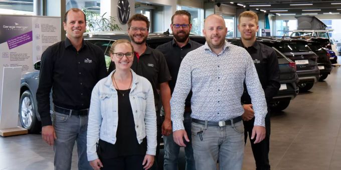 Das Team der Garage Wenger AG, Interlaken (v.l.): Benjamin Jölly, Isabelle Sterchi, Reto Steffen, Dean Stoll, Fabio Cantanna, Lukas Schumacher. Garage Wenger AG Interlaken