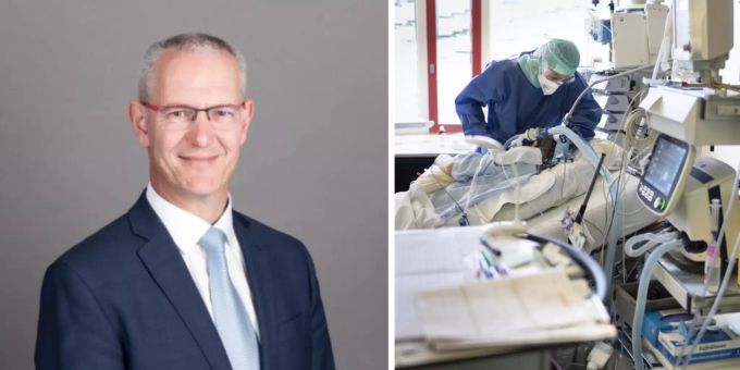 Ronald Alder (links) ist Leiter Public Affairs und stellvertretender Geschäftsleiter des Verbands Zürcher Krankenhäuser (VZK). Ärzte und Pflegepersonal kümmern sich um einen Covid-Patienten im Zürcher Stadtspital Triemli (rechts). Ronald Alder VZK Intensivtation