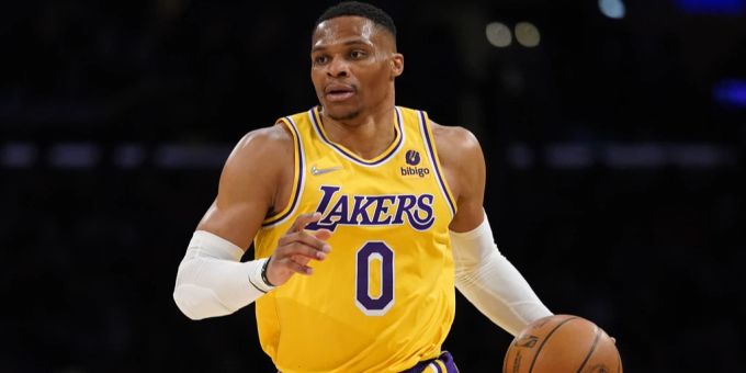 Russell Westbrook beim Heimspiel seiner Mannschaft Los Angeles Lakers gegen die Golen State Warriors am 5. März 2022. russell westbrook