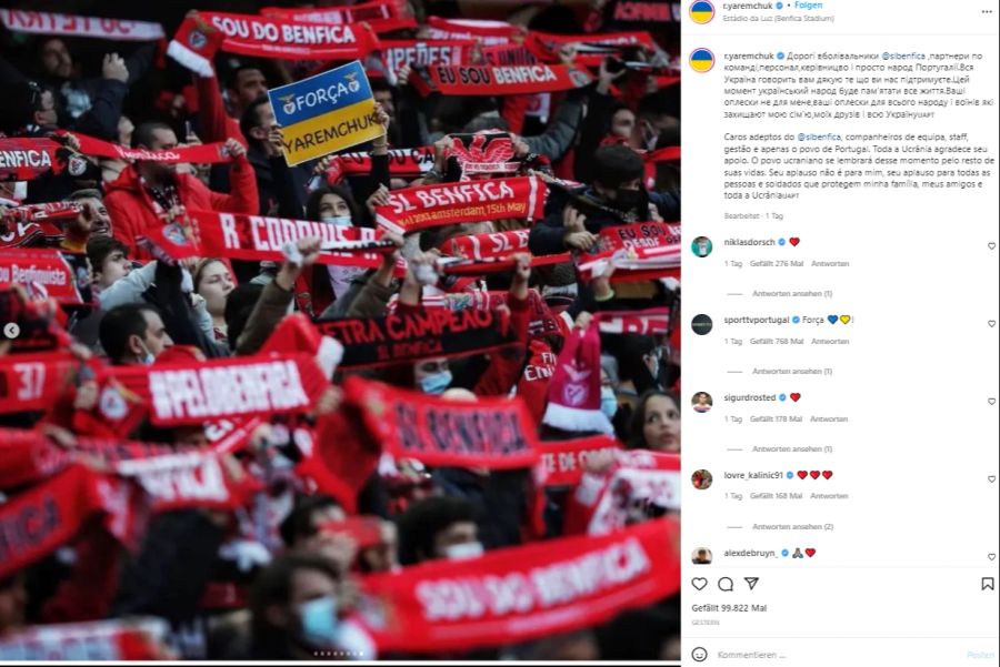 Die Anhänger von Benfica Lissabon bereiten dem Ukrainer einen warmen Empfang.