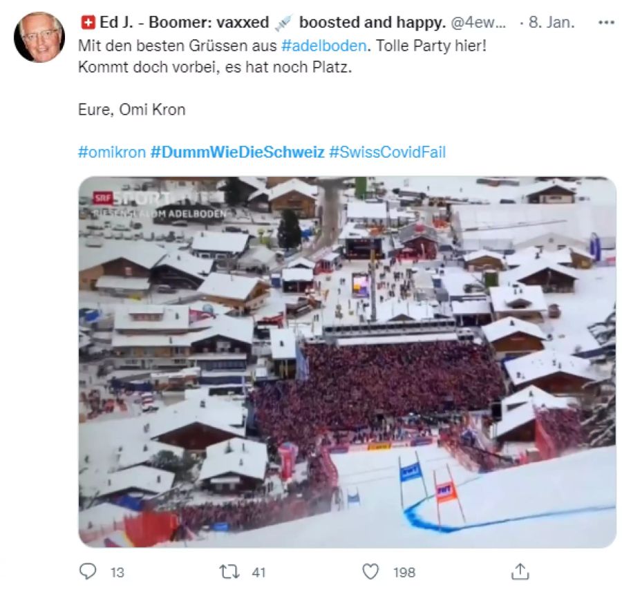 Auf Twitter häuft sich die Kritik an der Schweizer Corona-Politik – insbesondere hinblickend des Weltcup-Skirennens in Adelboden.