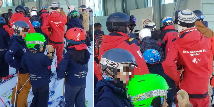 Gleiches Bild hier, beim Anstehen an einem Sessellift in Verbier: Die Skischüler warten mit Helm, ein -Lehrer hat eine Mütze auf dem Kopf.