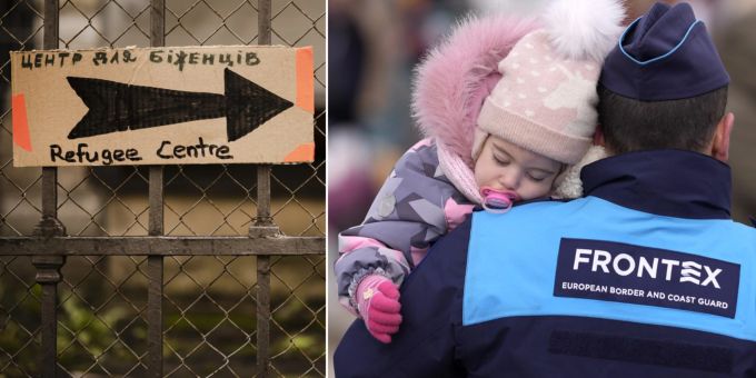 Links: Ein improvisiertes Schild mit der Aufschrift «Flüchtlingszentrum» in Zürich. Rechts: Ein Beamter der Frontex trägt ein ukrainisches Mädchen über die Grenze zur Slowakei, 1.März 2022. Ukraine Frontex Flüchtlinge