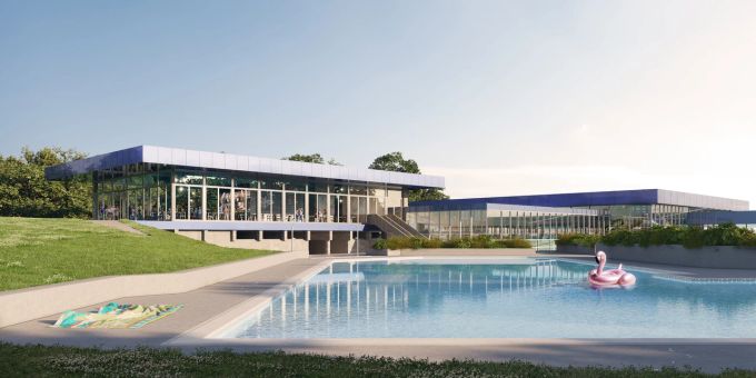 Visualisierung des Gastroneubaus im Hallen- und Freibad Fohrbach. Neubau Hallen- und Freibad