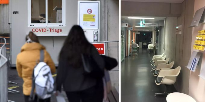 Die Wartezonen im Covid-Track (links) und im Fast Track (rechts) des Inselspitals. Inselspital Coronavirus Wartezone