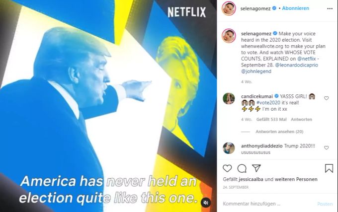 Selena Gomez ruft ihre Fans zum Wählen auf. Selena Gomez