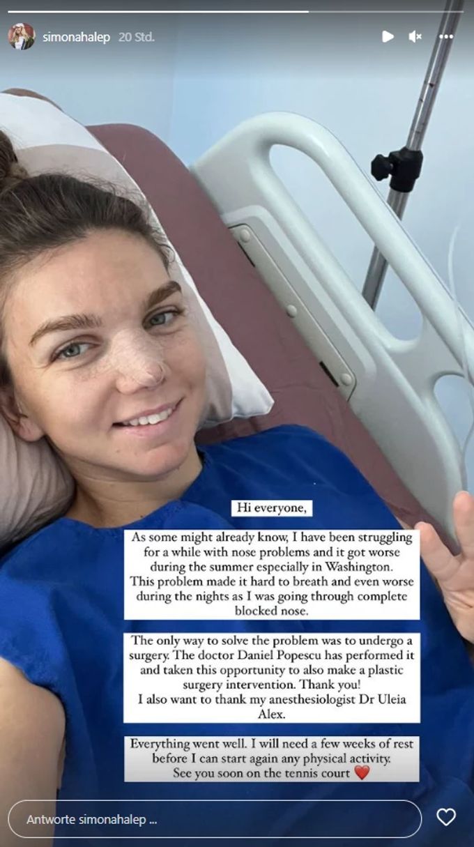 Simona Halep meldet auf Instagram. dass sie sich einer Nasenoperation unterzogen hat. In der WTA wird sie eine Pause einlegen müssen. wta