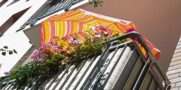 Balkon Sonnenschirm Geranien Blumen Sonne