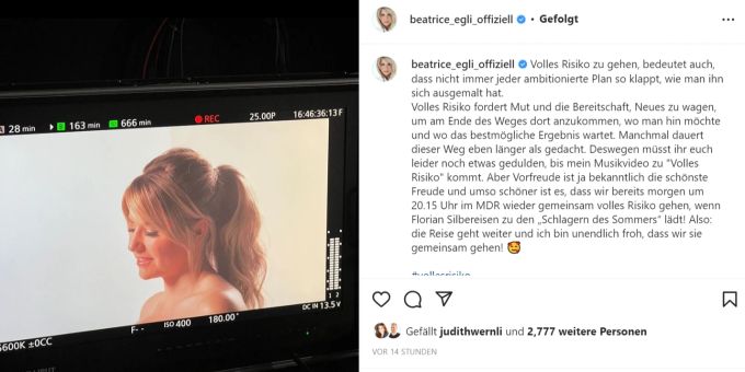 Die Fans von Beatrice Egli schauen heute in die Röhre. Die Video-Premiere von Eglis Hit «Volles Risiko» wurde verschoben. Beatrice Egli