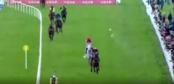 Der Bierbecher fliegt in Richtung des Jockeys. Pferd