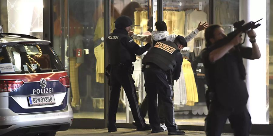 ARCHIV - Schwerbewaffnete Einsatzkräfte kontrollieren in der Wiener Innenstadt eine Person. Ein Terroranschlag im vergangenen November endete mit 4 Todesopfern und 20 Verletzten. Foto: Roland Schlager/APA/dpa