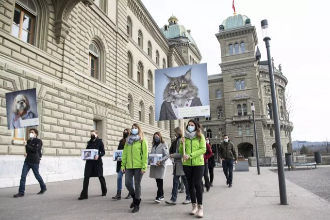 Personen von Animalfree Research reichen eine Petition für bessere Forschung ohne Tierversuche ein, am 22. Februar 2021, in Bern. Abstimmung